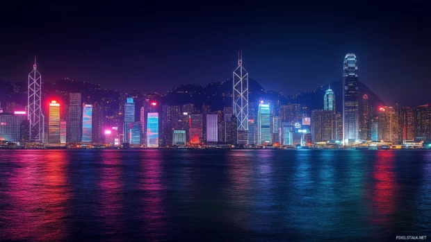 City skyline at night with glowing skyscrapers (2).