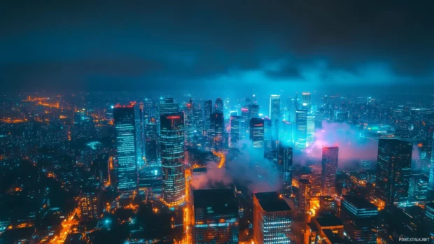 City skyline at night with glowing skyscrapers.