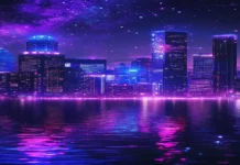 City skyline at night with vibrant neon colors lighting up the sky.