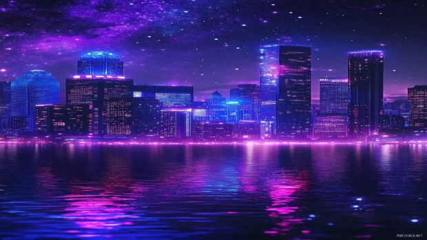 City skyline at night with vibrant neon colors lighting up the sky.