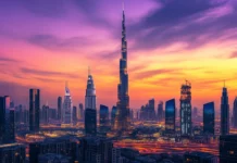 City skyline at sunset with deep purple hues.