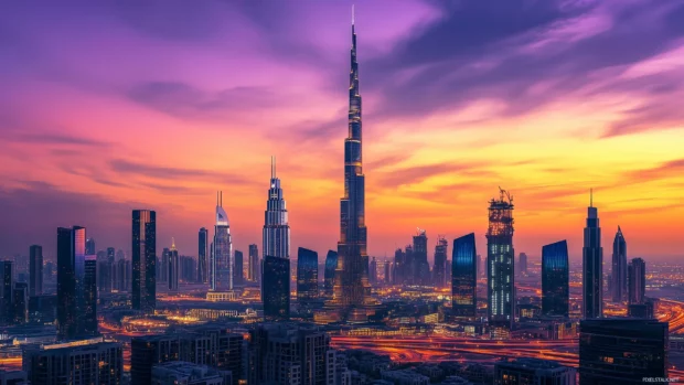 City skyline at sunset with deep purple hues.