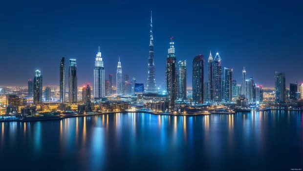 City skyline, futuristic night, neon glow, towering sleek designs.