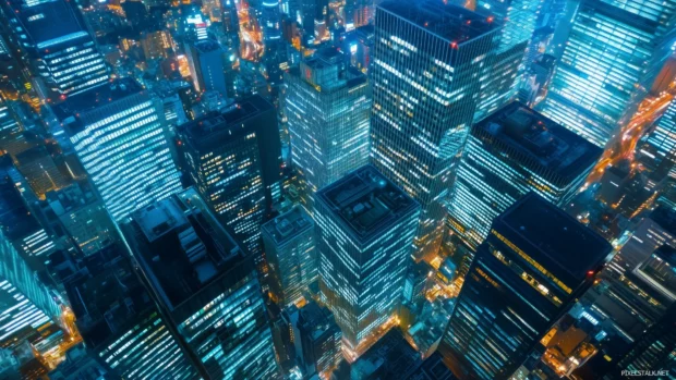 City skyline glowing at night with bright lights and skyscrapers.
