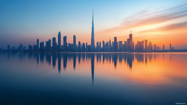 City skyline reflected in a calm river at dawn, minimal color and detai.