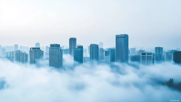 City skyline with low hanging fog, tall buildings peeking through.