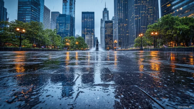 City square during rainfall with rippling puddles, raining city wallpaper effect.