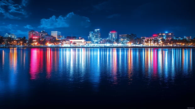 City waterfront at night with lights reflecting on the water.