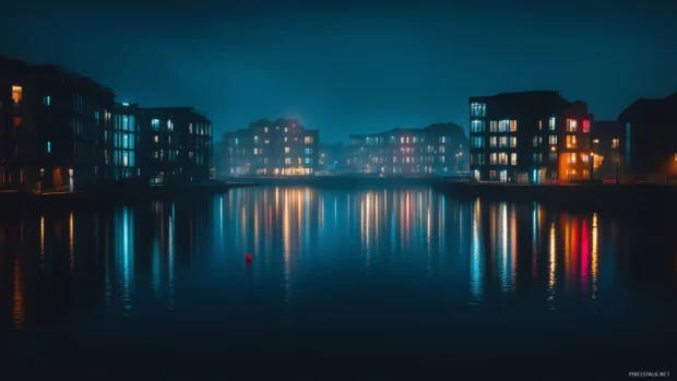 Cityscape at night with rainbow colored lights reflecting on a calm river.