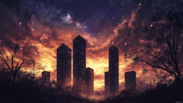 Cityscape under bright stars, skyscraper outlines, nature meets urban life.