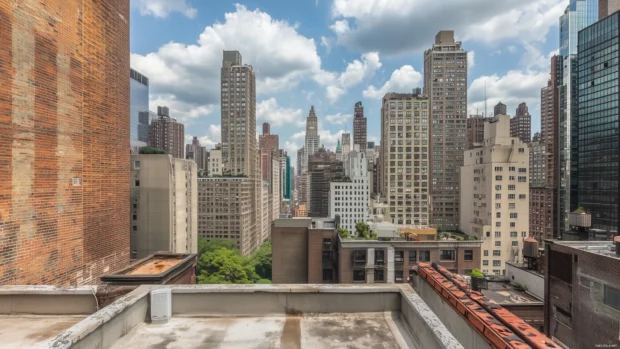 Cityscape viewed from a skyscraper rooftop, capturing the expanse of the urban jungle below.