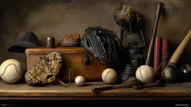Classic baseball gear arranged as a still life desktop wallpaper HD.