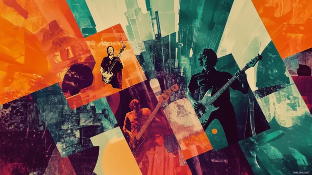 Classic rock album covers artistic composition visually appealing collage iconic imagery and bold colors.