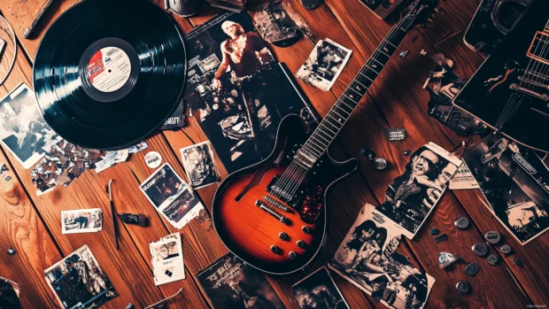 Classic rock band memorabilia nostalgic image guitar picks posters records arranged artistically wooden table vintage rock feel.