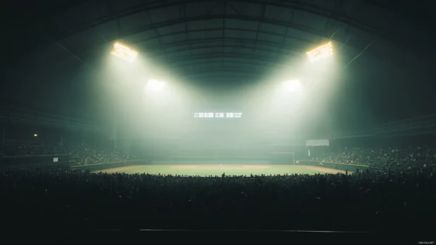 Classic scoreboard and stadium lights above a packed baseball arena.
