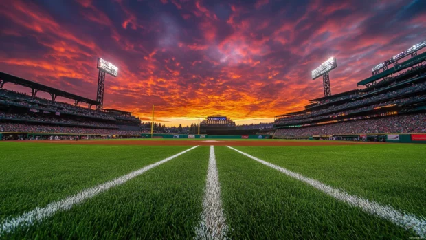 Classic stadium view from behind home plate at dusk in baseball theme.