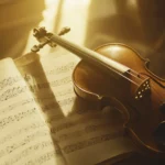 Classical violin resting on music sheets in soft light.