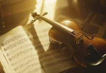 Classical violin resting on music sheets in soft light.