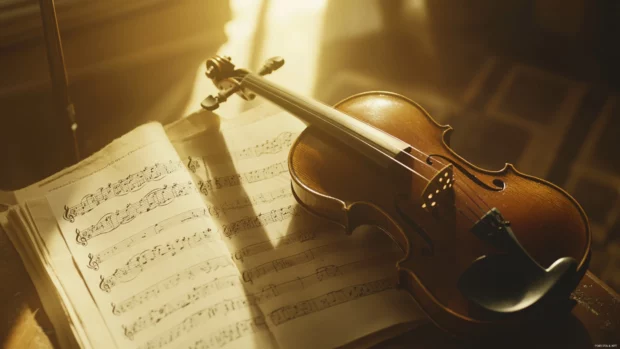 Classical violin resting on music sheets in soft light.