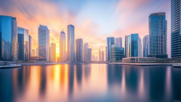 Clean depiction of Dubai Marina, iconic skyscrapers, calm waters.