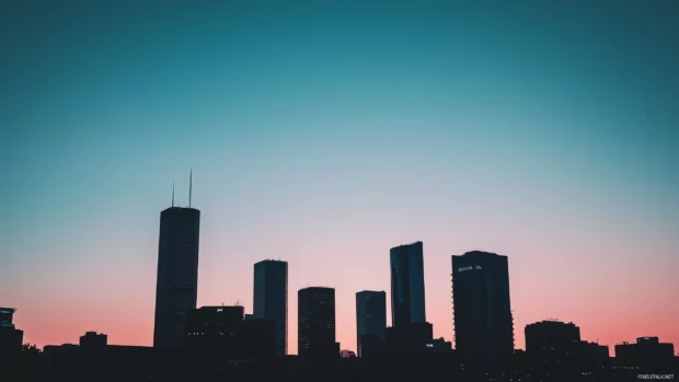 Clean skyline, basic silhouettes, sky fades dusk to night.