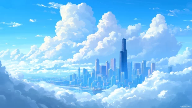 Clear day serene view of Chicago skyline, iconic Willis Tower and skyscrapers, fluffy white clouds.