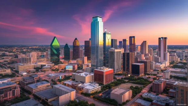 Clear sky backdrop for Dallas skyline, showcasing the geometric architecture of the city towering buildings.