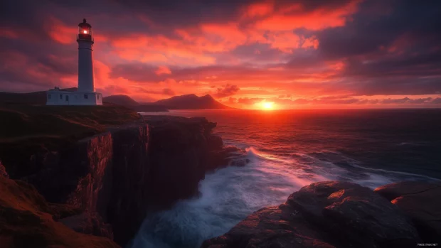Cliffside lighthouse framed by sunset and rough waves.