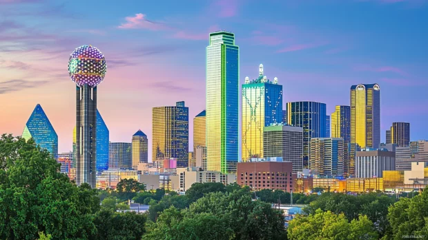 Close up of Dallas skyline at twilight, highlighting the illuminated Dallas City Hall and Sixth Floor Museum.