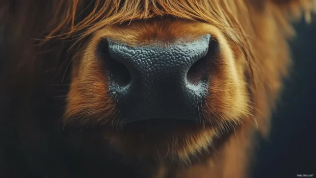 Close up of Highland cow muzzle with soft focus background.
