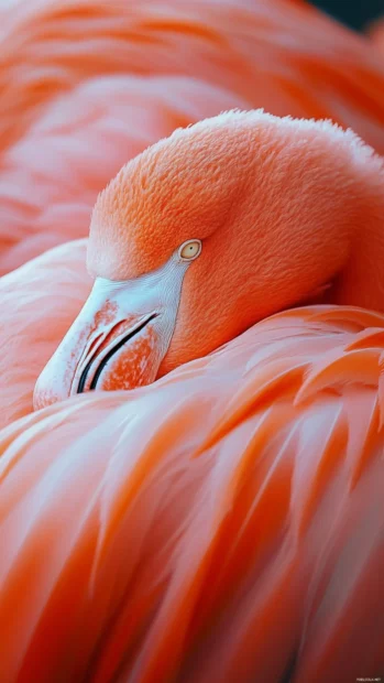Close up of a resting flamingo, head under wing, dreamy soft focus light.