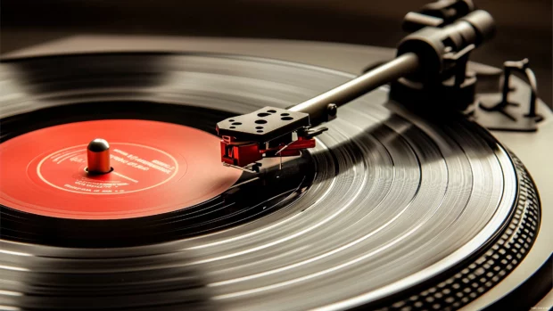Close up of a vintage vinyl record spinning on a turntable, with soft light reflecting off the grooves.