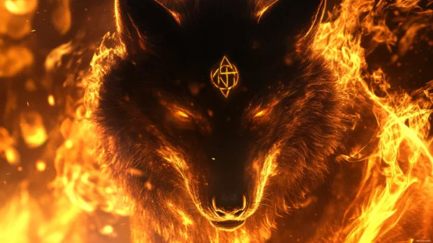 Close up of a wolf burning fur glowing with magic symbols.