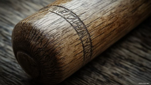 Close up of an aged baseball bat with engraved logo and visible wood grain, Old baseball bat wallpaper.