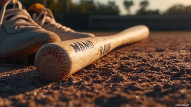 Close up of branded baseball bat lying next to cleats.