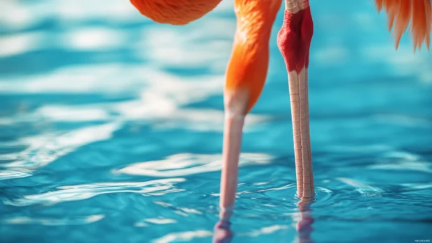 Close up of flamingo legs in vibrant water, creating ripples.