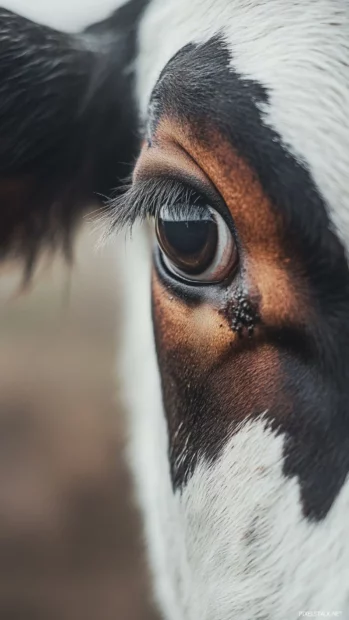 Close up of gentle cow eyes under morning mist.