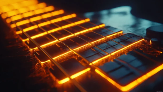 Close up of guitar frets glowing with ambient 4K lighting, Realistic music instrument wallpaper 4K.