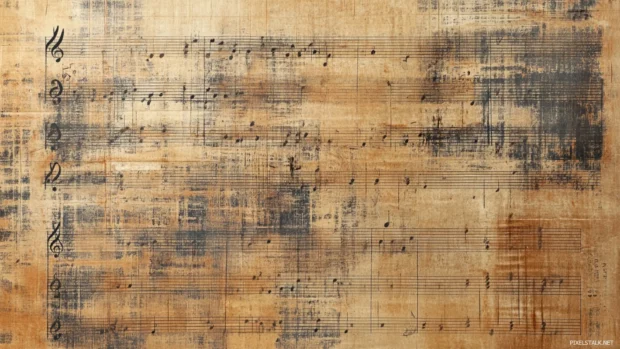 Close up of notes and staves printed on vintage paper, Orchestral sheet music background.