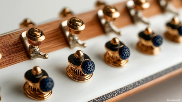 Close up of tuning pegs on classic guitar.