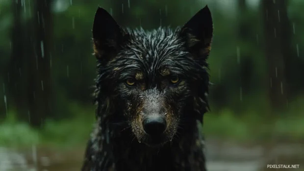 Close up portrait of a wet wolf with intense glare during a rainstorm.