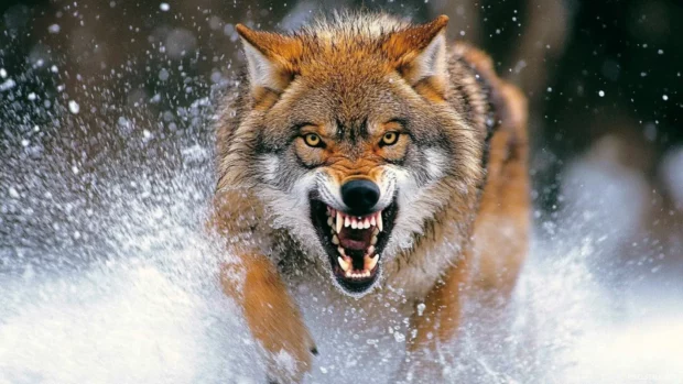 Close up wolf running fast through soaked ground with fierce expression.