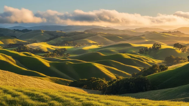 Cloud shadows stretch over hills as sunlight brightens the morning.
