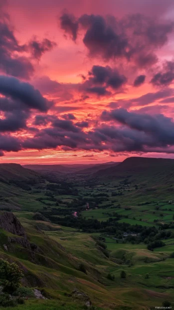 Clouds drift lazily across a vivid sunrise sky above green hills.