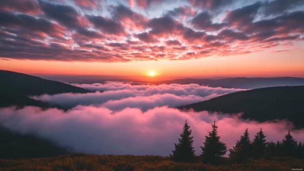 Clouds glowing pink and orange behind alpine summits in a Mountain Sunrise wallpaper.
