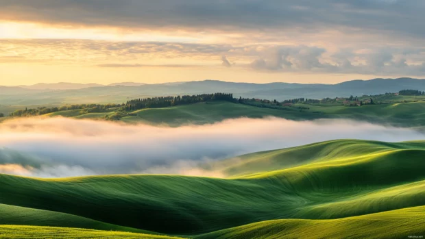 Clouds hover over glowing fields lit by the first rays of the morning.