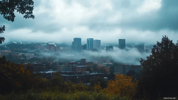 Clouds hovering low over a city skyline in rainy weather.
