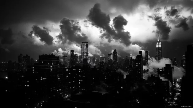 Clouds looming over downtown skyline in black and white city wallpaper.