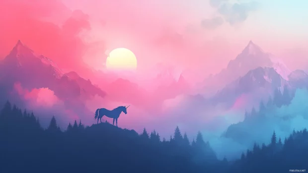 Clouds part to reveal a unicorn among mountaintops.