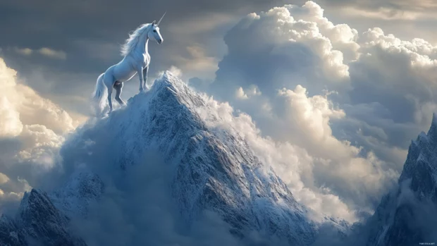 Clouds part to reveal a unicorn standing atop a mountain peak.